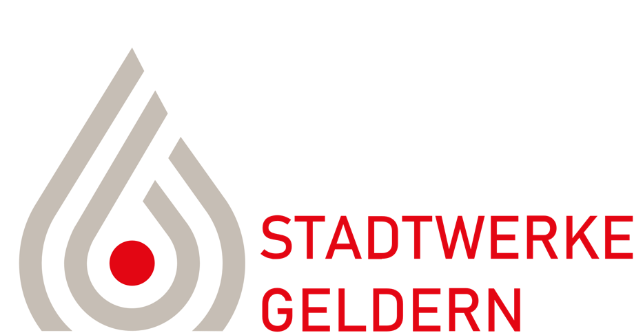 Logo mit stilisiertem Tropfensymbol und rotem Punkt, daneben der Text "STADTWERKE GELDERN" in roten Gro&szlig;buchstaben.