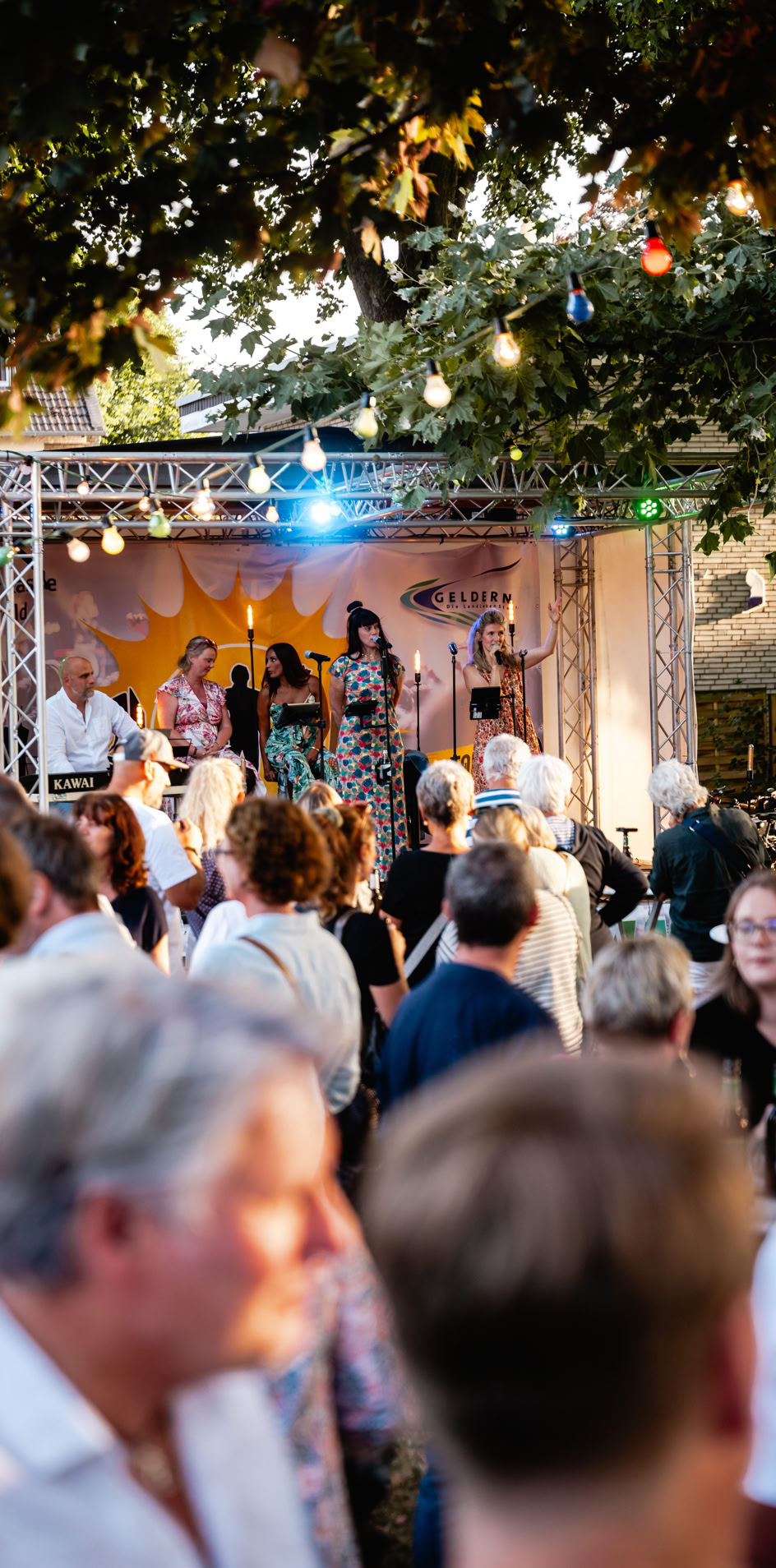 Menschenmenge bei einem Konzert im Freien, B&uuml;hne mit Musikern im Hintergrund, bunte Lichter und B&auml;ume dar&uuml;ber.