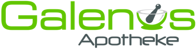 Gr&uuml;ner Schriftzug "Galenus" mit einem M&ouml;rser und St&ouml;&szlig;el im Buchstaben "o", darunter in grauer Schrift "Apotheke".
