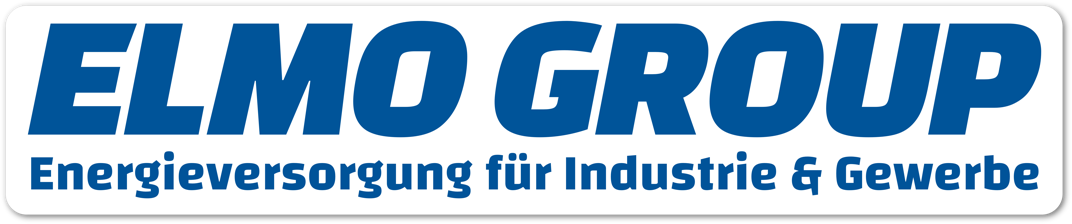 Blaues Logo mit der Aufschrift "ELMO GROUP" und darunter "Energieversorgung f&uuml;r Industrie & Gewerbe" auf wei&szlig;em Hintergrund.