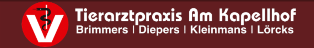 Rotes Logo mit wei&szlig;em V und Stethoskop, daneben Text: "Tierarztpraxis Am Kapellhof Brimmers | Diepers | Kleinmans | Lorcks".