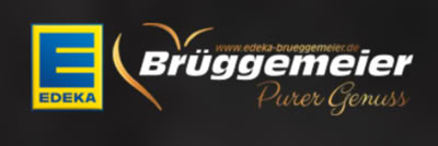 Logo mit blau-gelbem "EDEKA"-Symbol links und dem Text "Br&uuml;ggemeier" sowie "Purer Genuss" auf schwarzem Hintergrund.