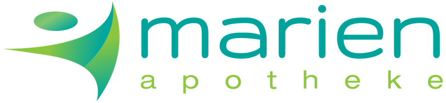 Gr&uuml;nes und blaues Logo mit stilisiertem Symbol links und dem Text "marien apotheke" rechts.