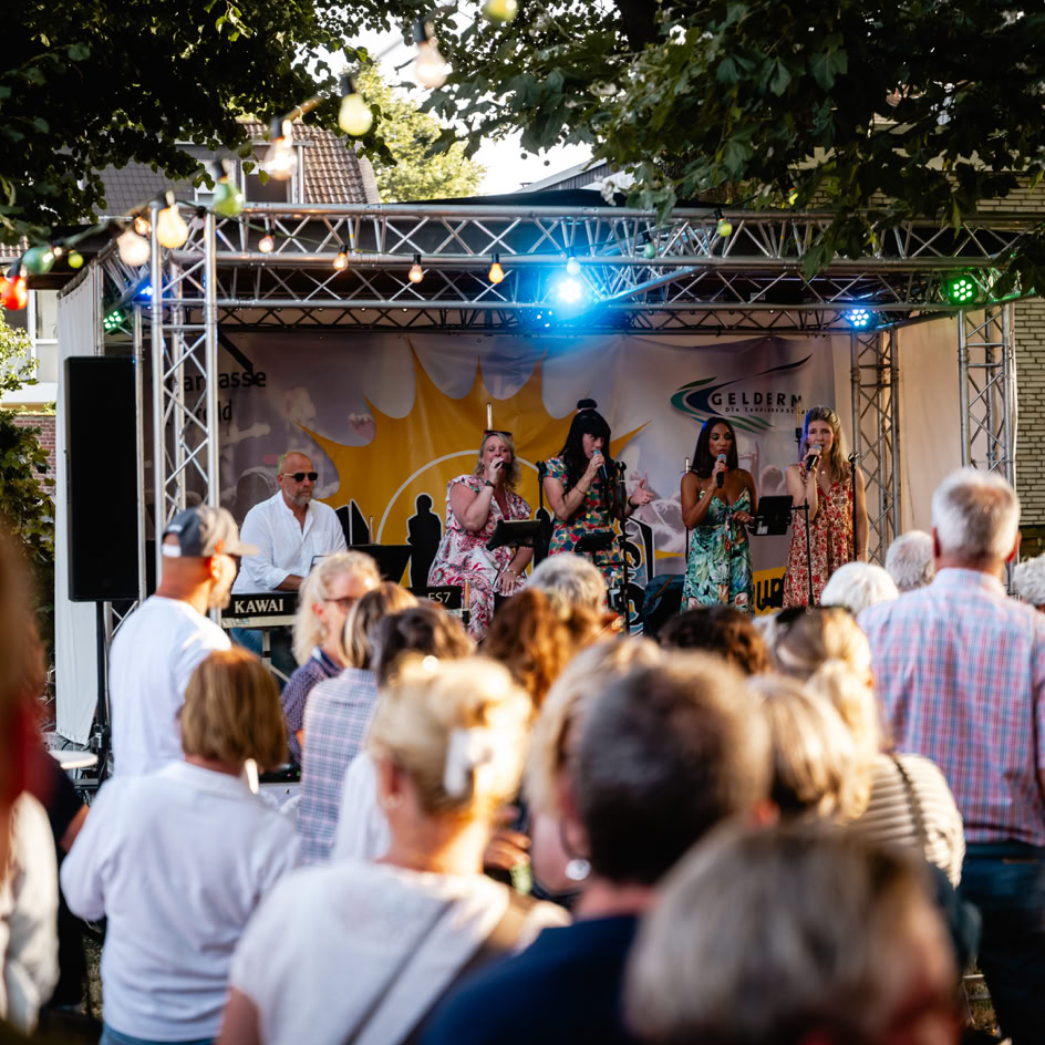 Menschenmenge vor einer B&uuml;hne im Freien mit Musikern, umgeben von B&auml;umen und Lichtern.