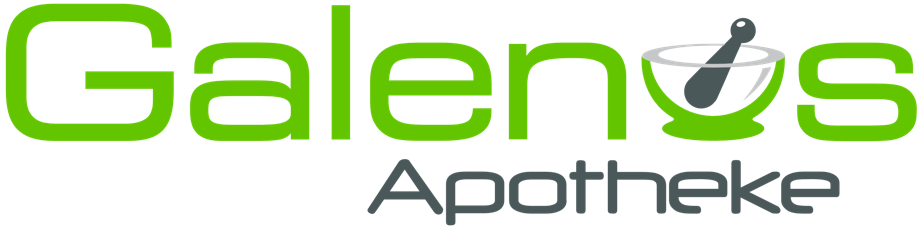 Gr&uuml;ner Schriftzug "Galenus Apotheke" mit einem M&ouml;rser und St&ouml;&szlig;el als Teil des Buchstabens "o".