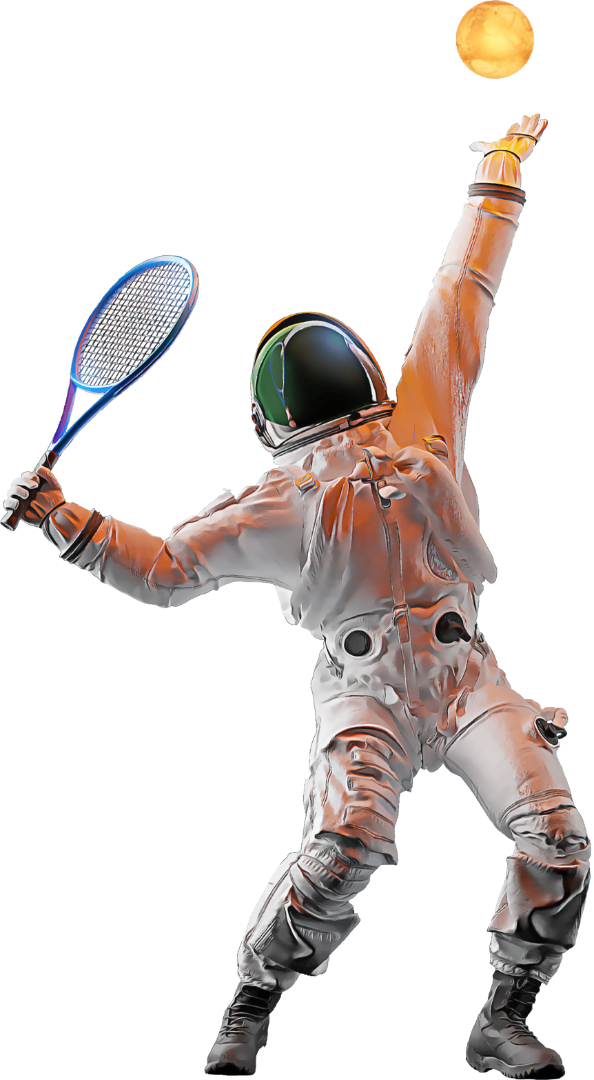 Astronaut in Raumanzug spielt Tennis mit einem Schl&auml;ger und einem Ball.