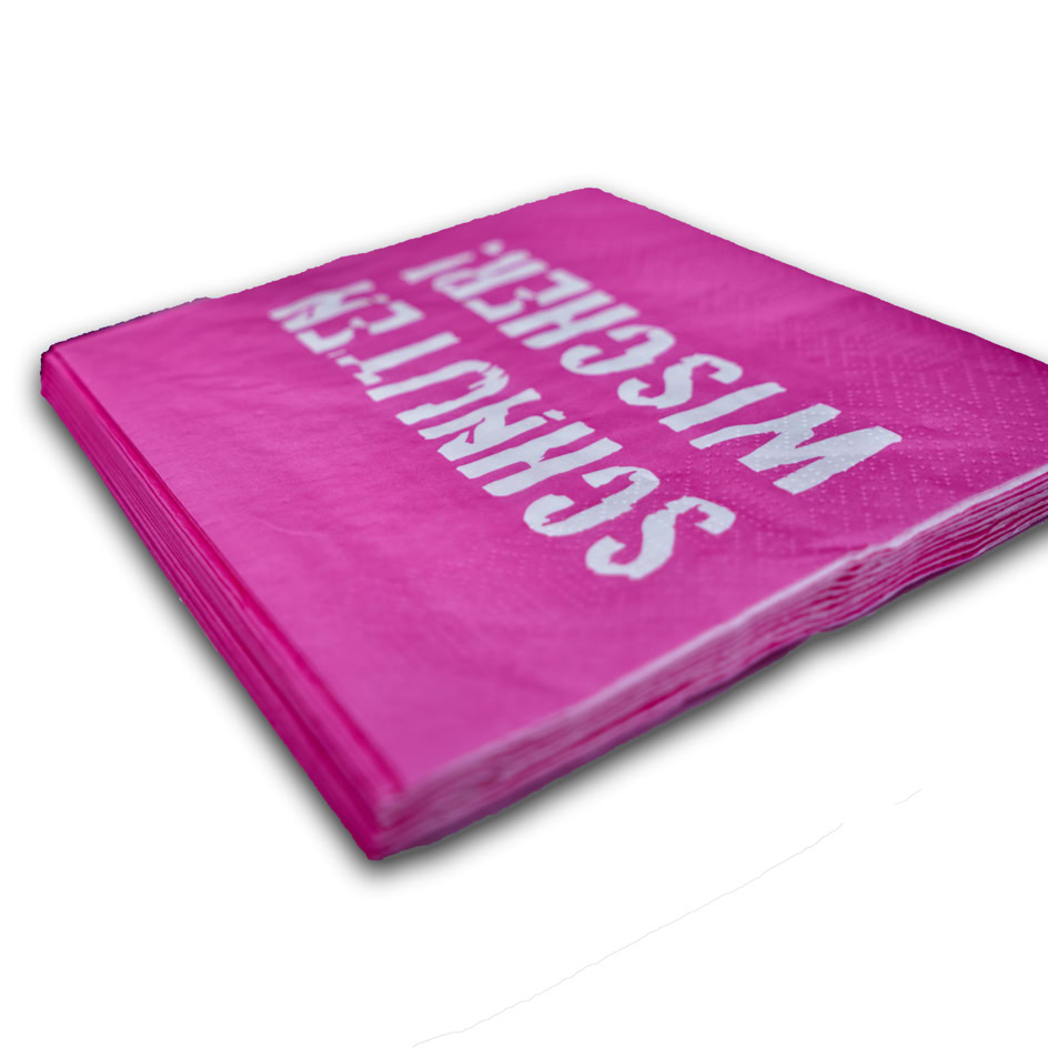 Ein pinkes Tuch mit der Aufschrift "SCHNUTEN WISCHER".