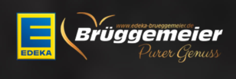 Ein Logo mit dem blauen Buchstaben "E" auf gelbem Hintergrund und dem Wort "EDEKA" darunter, daneben der Schriftzug "Br&uuml;ggemeier" mit einem stilisierten Herz und dem Text "Purer Genuss".