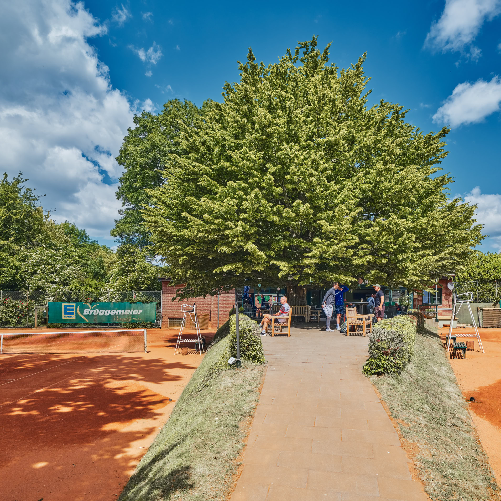Ein Weg f&uuml;hrt zwischen zwei Tennispl&auml;tzen mit rotem Sandbelag, umgeben von gr&uuml;nen B&auml;umen und einem blauen Himmel mit wei&szlig;en Wolken.