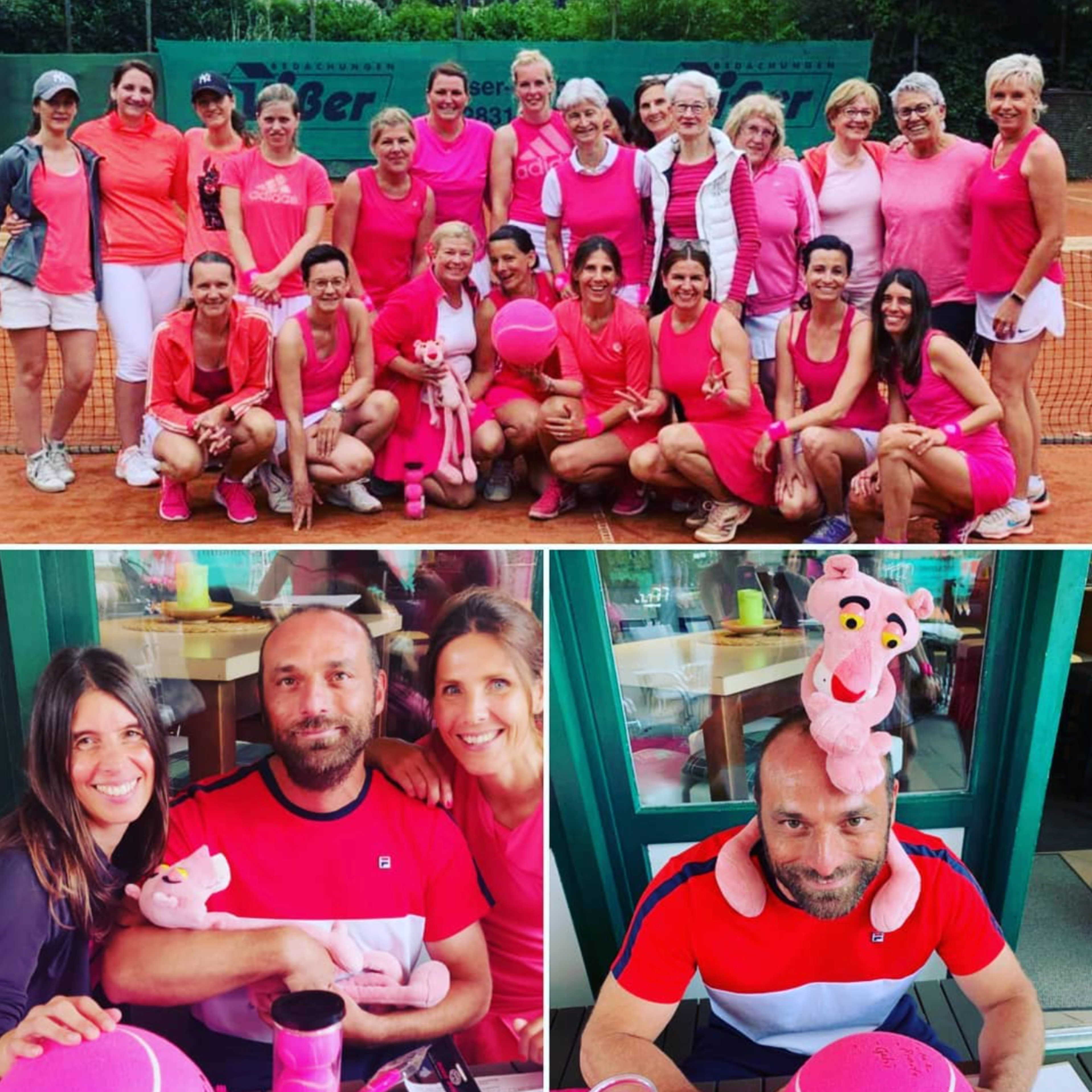 Eine Gruppe von Frauen in rosa und roten Sportkleidern posiert auf einem Tennisplatz; darunter zwei Fotos von einem Mann mit einem rosa Panther-Pl&uuml;schtier, umgeben von zwei Frauen.