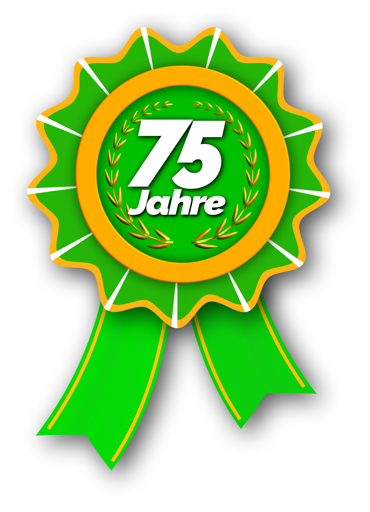 Gr&uuml;ne Auszeichnung mit gelbem Rand und der Aufschrift "75 Jahre" in der Mitte.