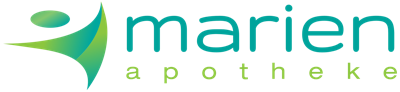 Gr&uuml;nes und blaues Logo mit stilisierter Figur und dem Text "marien apotheke".