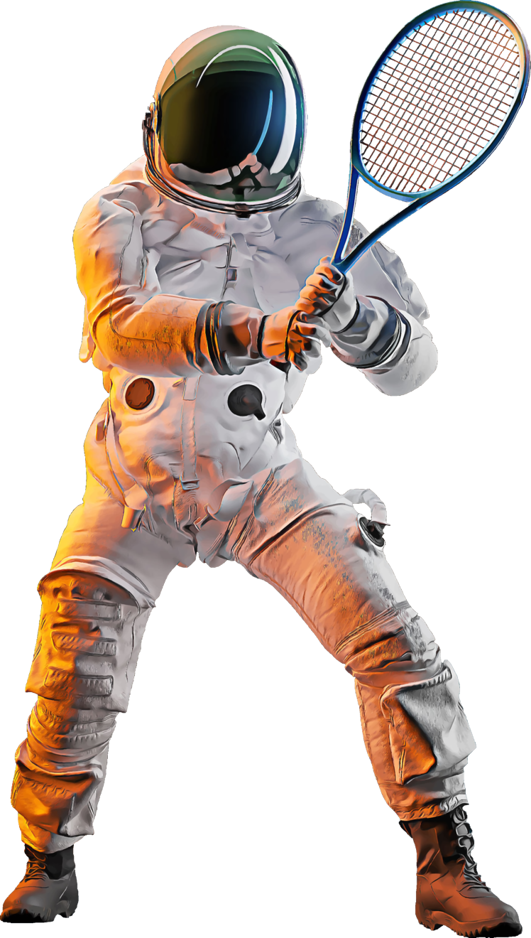Ein Astronaut in einem Raumanzug h&auml;lt einen Tennisschl&auml;ger.