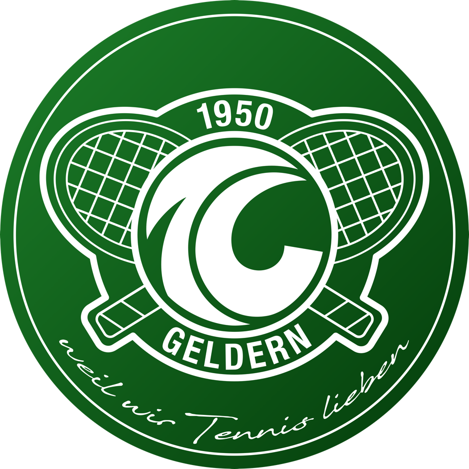 Gr&uuml;nes rundes Logo mit zwei gekreuzten Tennisschl&auml;gern, der Zahl "1950", dem Wort "Geldern" und dem Schriftzug "weil wir Tennis lieben".