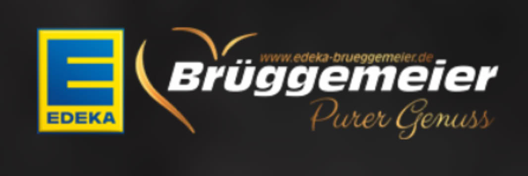 Ein Logo mit dem blauen Buchstaben "E" auf gelbem Hintergrund und dem Wort "EDEKA" darunter, daneben der Schriftzug "Br&uuml;ggemeier" mit einem stilisierten Herz und dem Text "Purer Genuss".