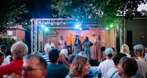 Eine Gruppe von Menschen steht vor einer B&uuml;hne im Freien, auf der mehrere Personen unter bunten Lichtern auftreten.