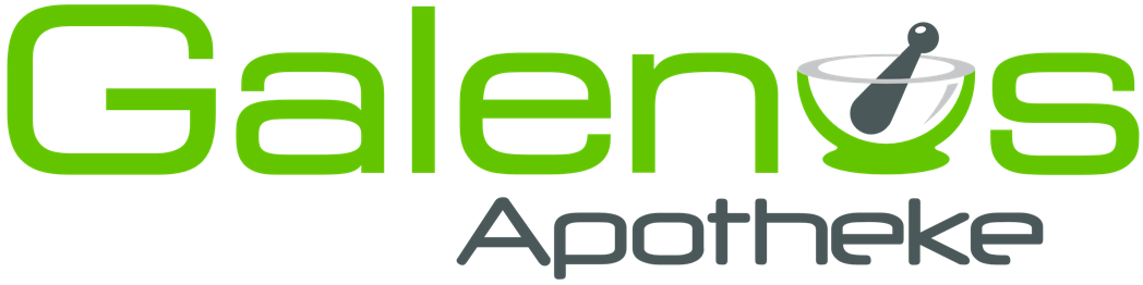 Gr&uuml;ner Schriftzug "Galenus Apotheke" mit einem M&ouml;rser und St&ouml;&szlig;el als Teil des Buchstabens "o".